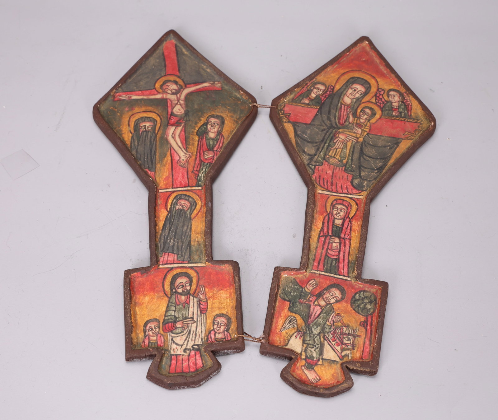 Ethiopian Christian Hand Painted Carved Wooden Cross: Ethiopian Christian Hand Painted Carved Wooden Cross (34 x 28 x 1.5 cm)