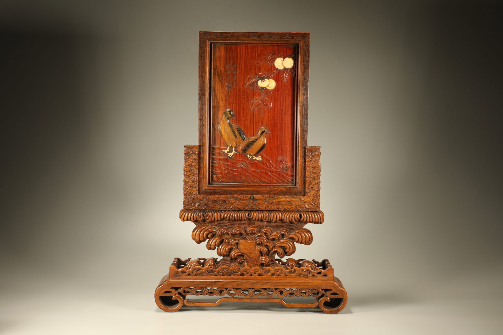 Huanghuali Wood Inlaid Gem Stone Carved Flower and Bird Pattern Table Plaque (1 of 7)