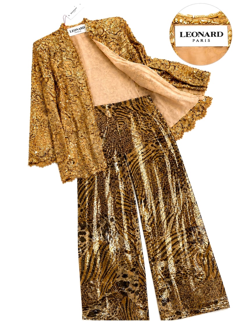 Leonard Paris Two-Piece Animal Print Silk Jacket & Pants Size EU 42 (1 of 5)