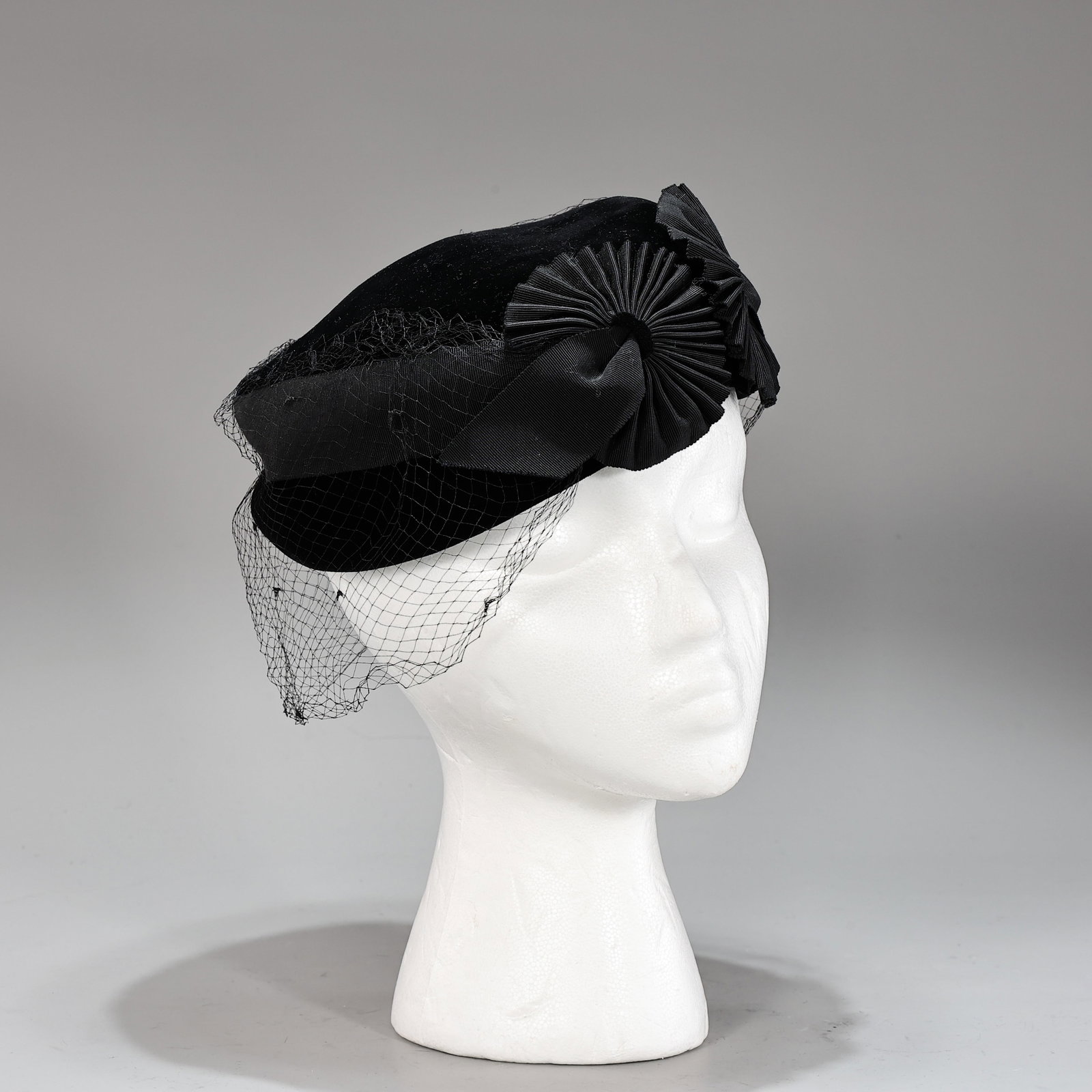 Regenstein's Peachtree Black Velvet Cocktail Hat with Veil 1950s (1 of 7)