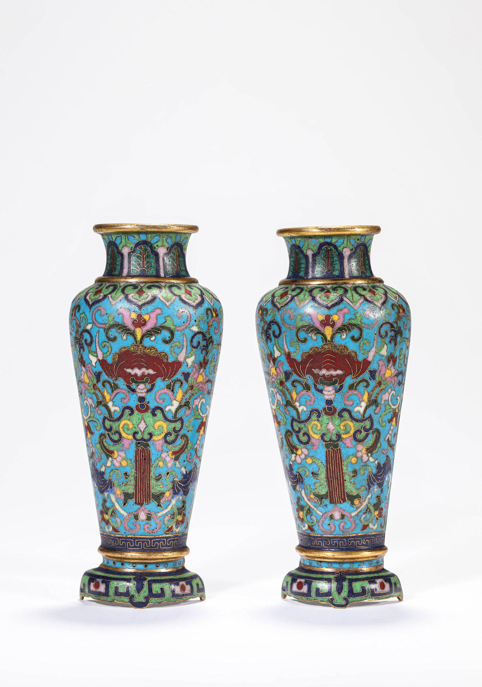 A PAIR OF CLOISONNE ENAMEL FLORAL WALL VASES (1 of 10)