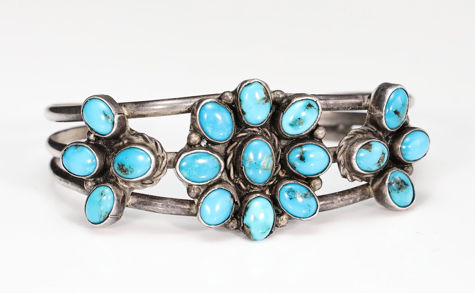 Native American Sterling Silver Turquoise Cluster Cuff Bracelet (1 of 6)