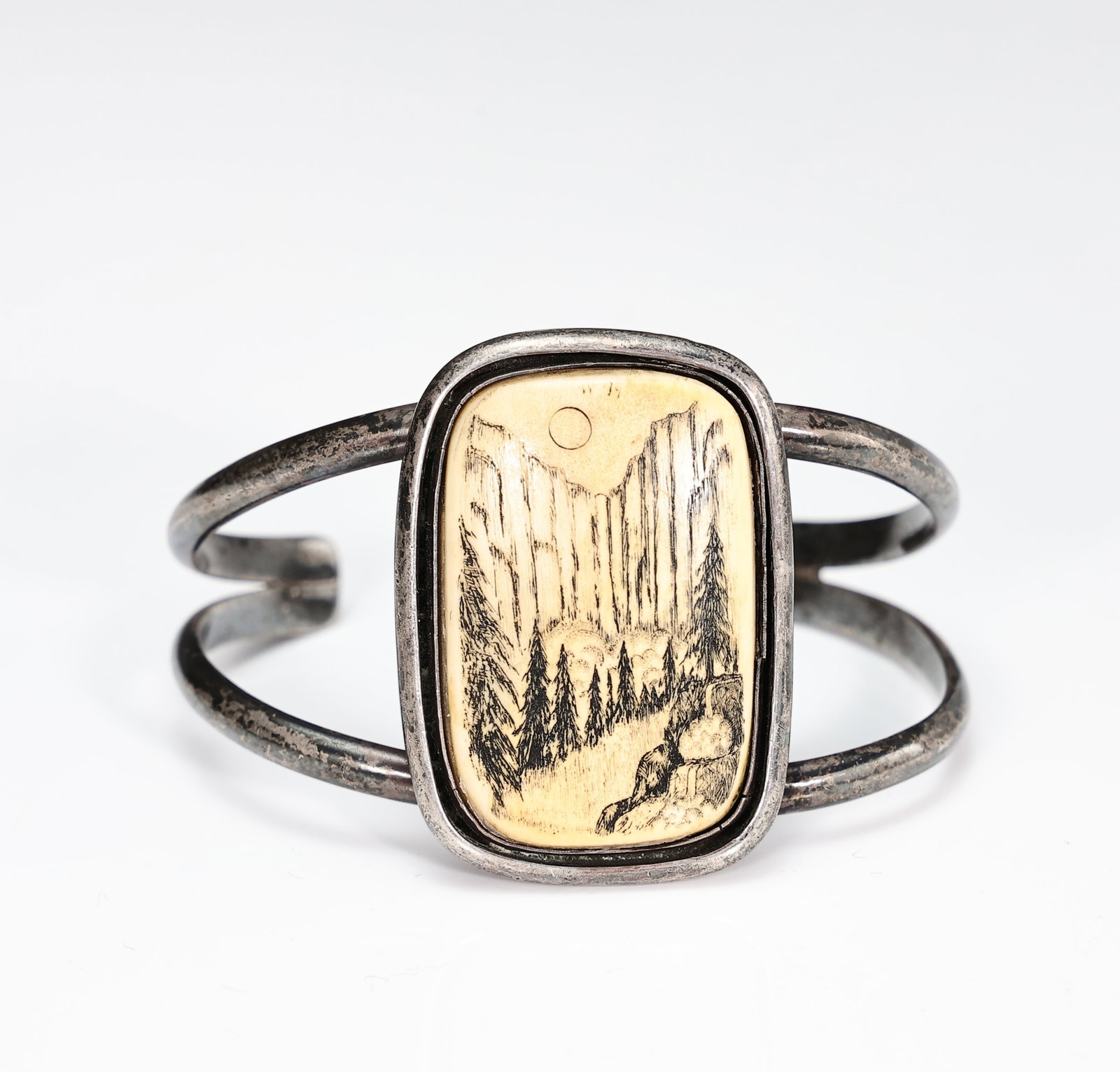 Southwestern Sterling Silver Scrimshaw Landscape Cuff Bracelet (1 of 6)