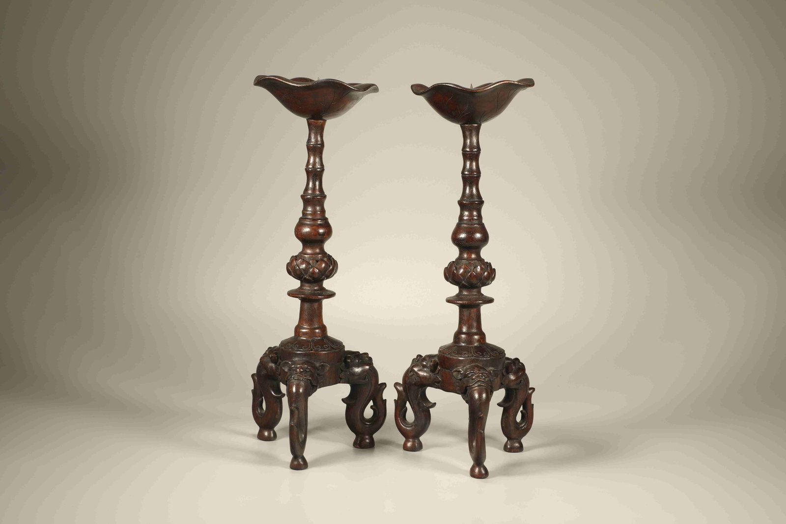 Pair of Agarwood Carved Lotus Flower and Beast Shape Candlestick (1 of 7)