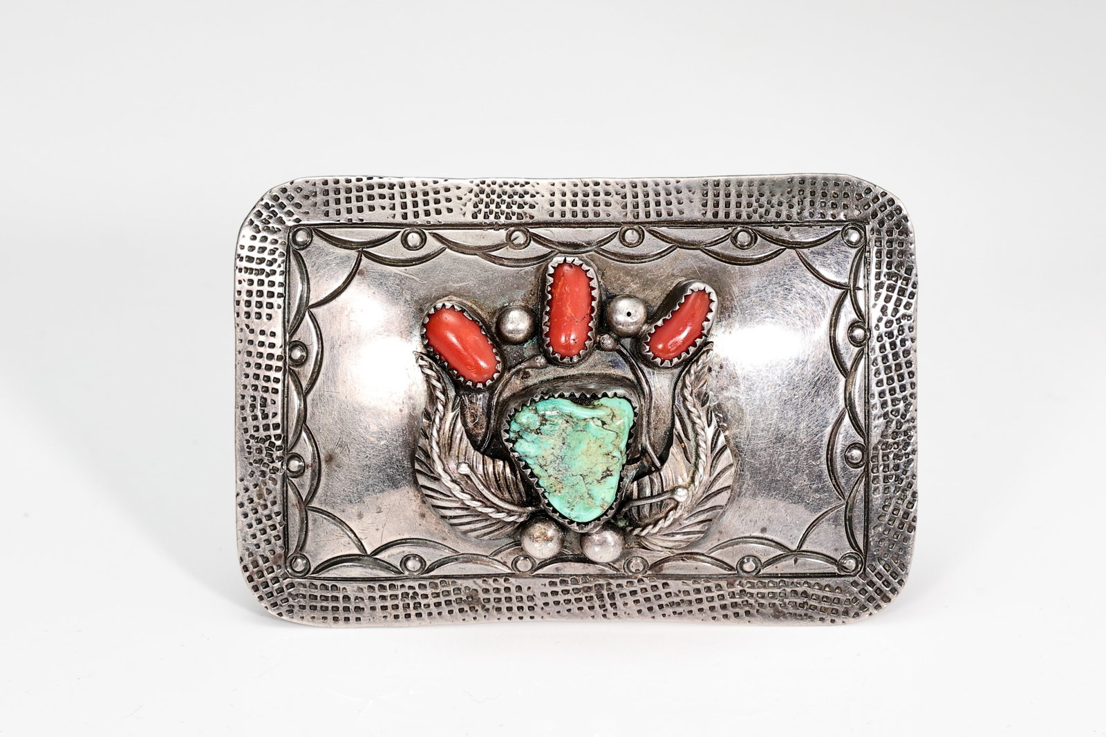 Navajo Handmade Sterling Silver Turquoise Coral Belt Buckle By Jimmy Garcia: Navajo Handmade Sterling Silver Turquoise Coral Belt Buckle By Jimmy Garcia (8 x 5 x 2 cm, Inner width: 4 cm, Weight: 53.1 grams)