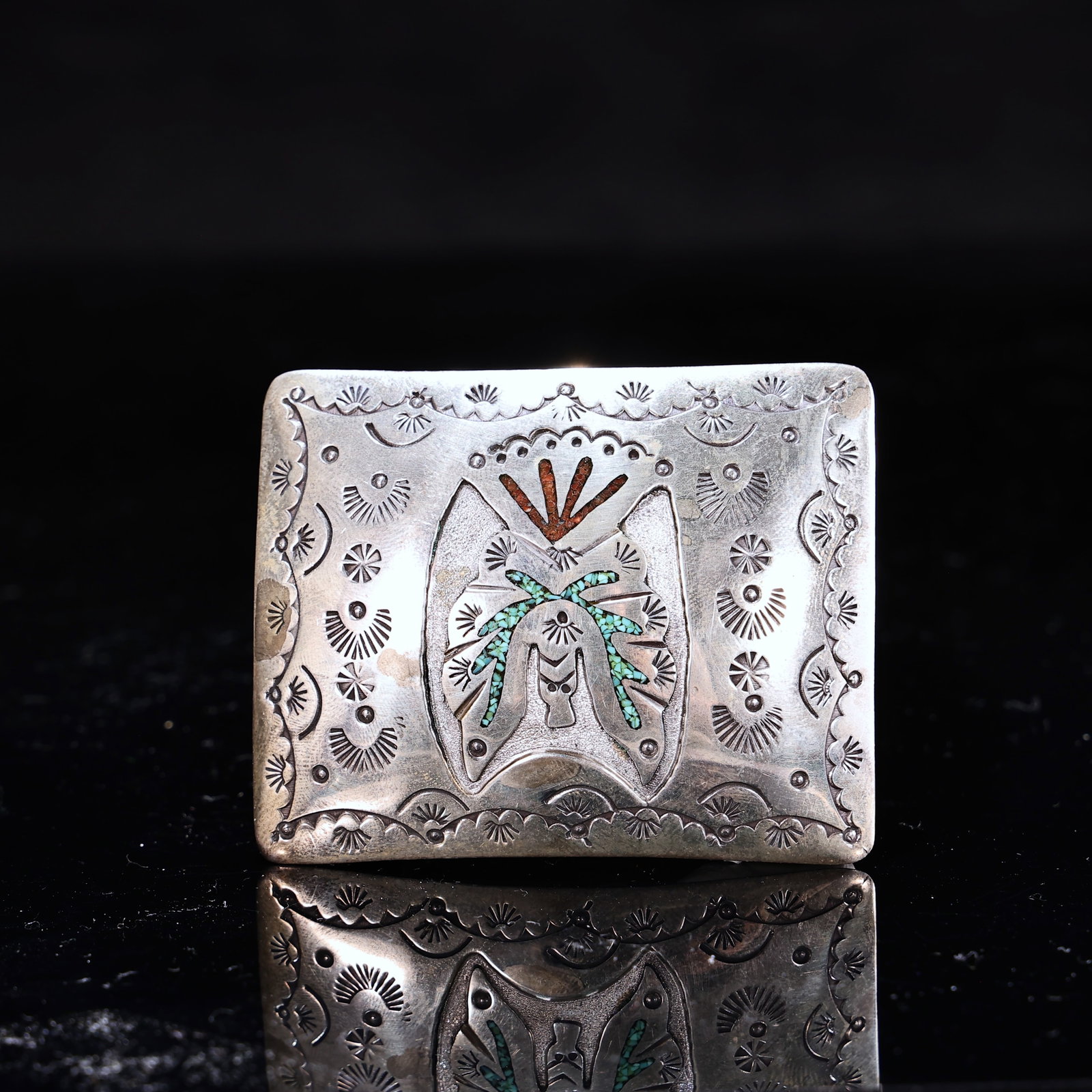 Navajo Sterling Silver Turquoise Coral Inlay Buckle Signed "T": Navajo Sterling Silver Turquoise Coral Inlay Buckle Signed "T" (6.5 x 5 x 1.5 cm, Weight: 33.4 grams)