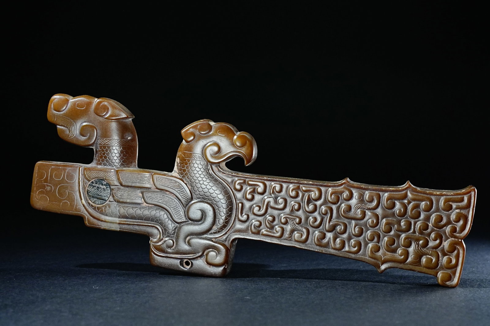 Jade Carved Cloud Pattern Dragon and Phoenix Shape Ornament: Jade Carved Cloud Pattern Dragon and Phoenix Shape Ornament (14.5 x 1cm)