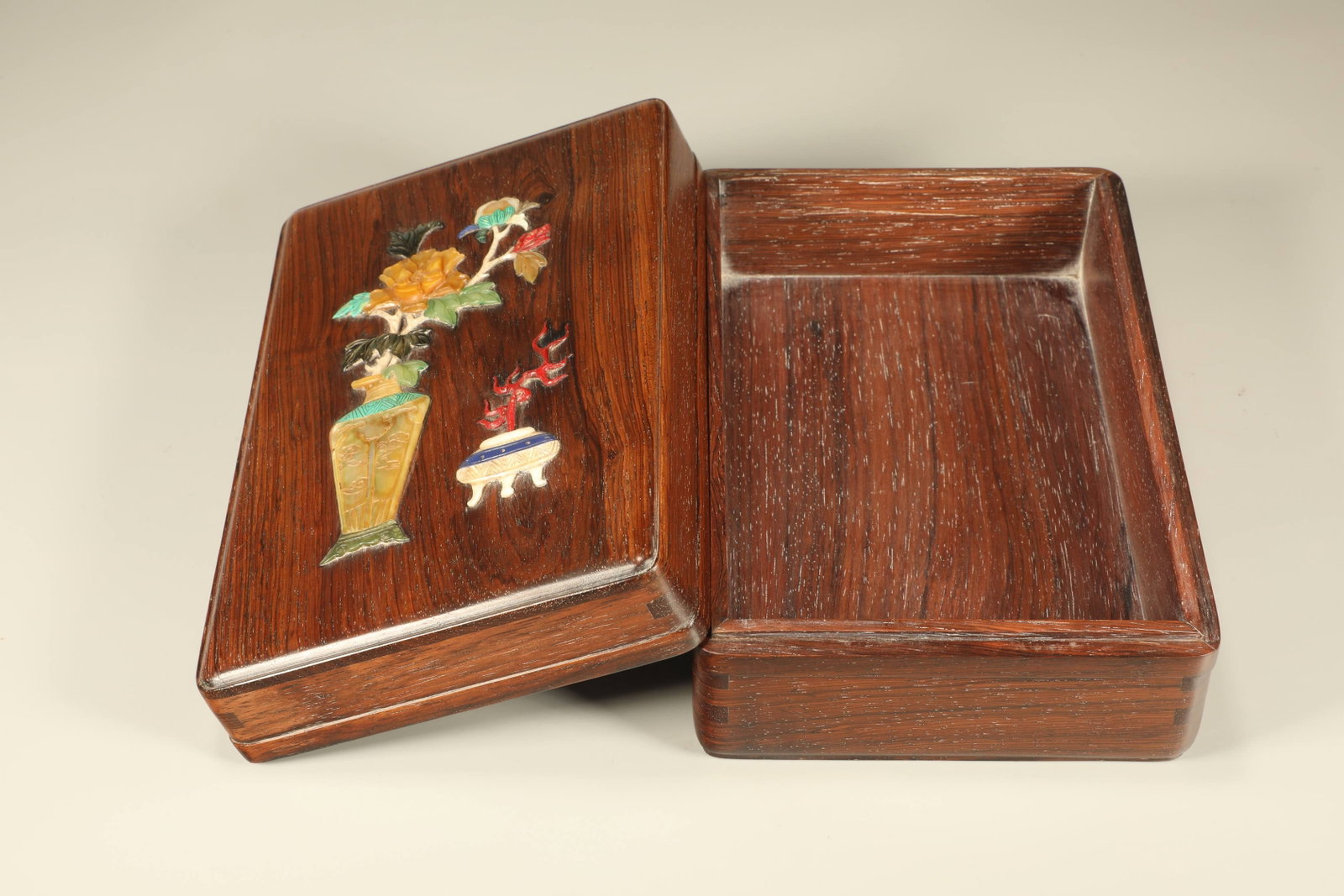 Huanghuali Wood Inlaid Multi GemStone Carved Flower and Flower Pot Lid Box (1 of 7)
