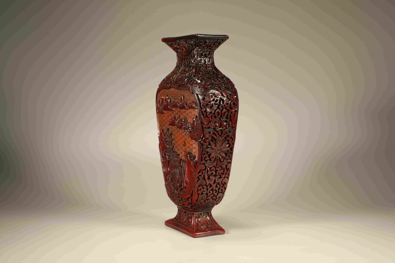Lacquerware Red Carved Landscape Pattern Vase - 2