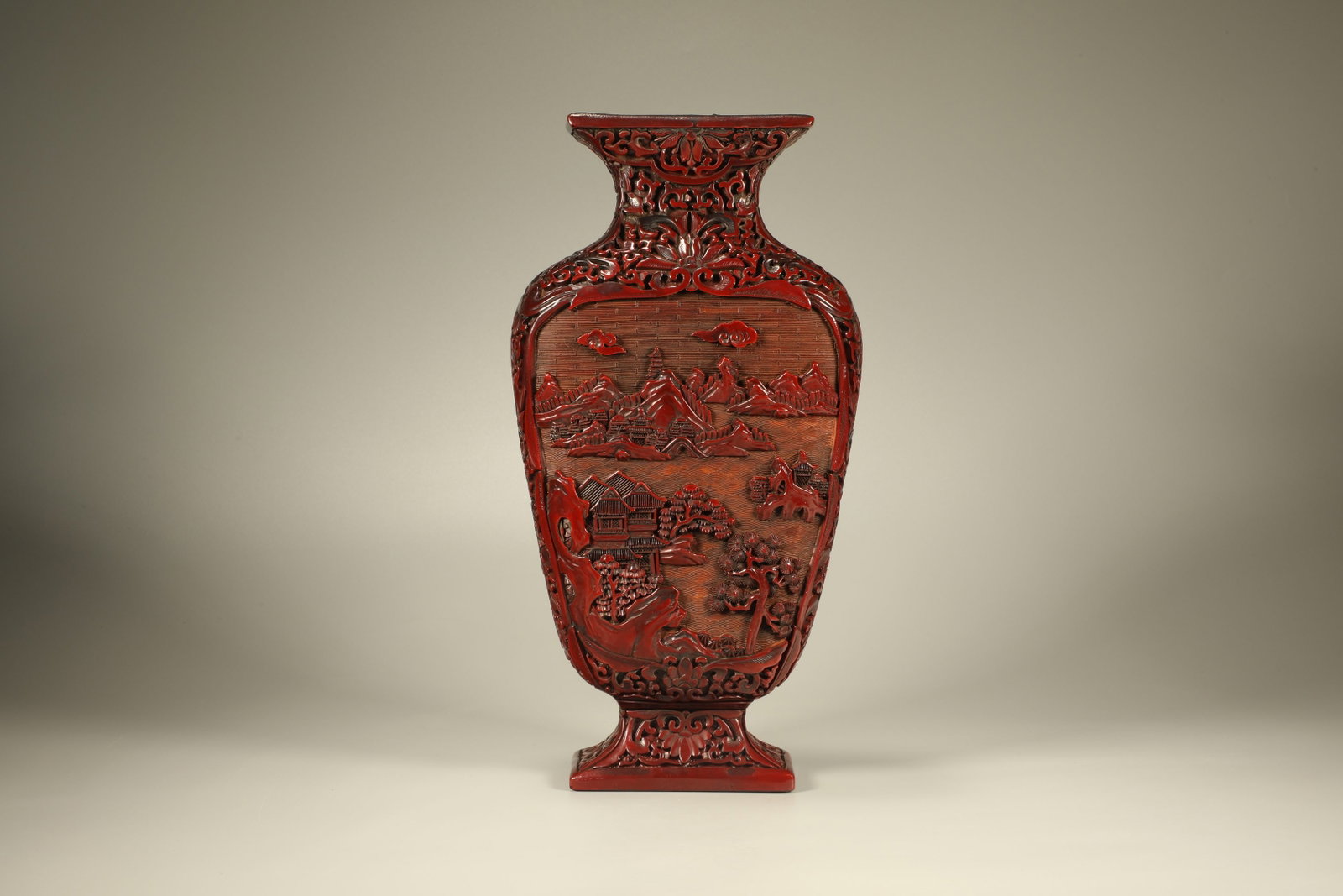 Lacquerware Red Carved Landscape Pattern Vase - 3