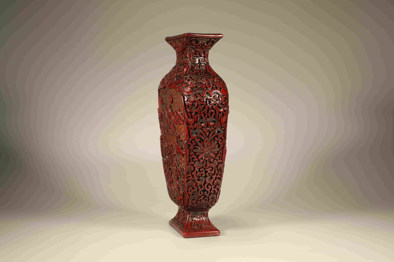 Lacquerware Red Carved Landscape Pattern Vase - 4