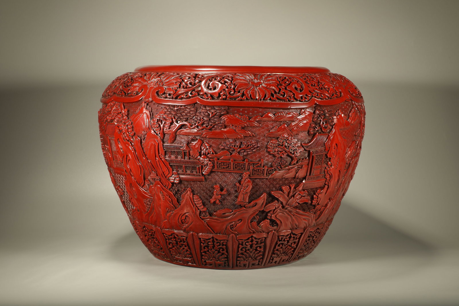 Lacquerware Red Carved Landscape and Character Story Pattern Pot (1 of 7)