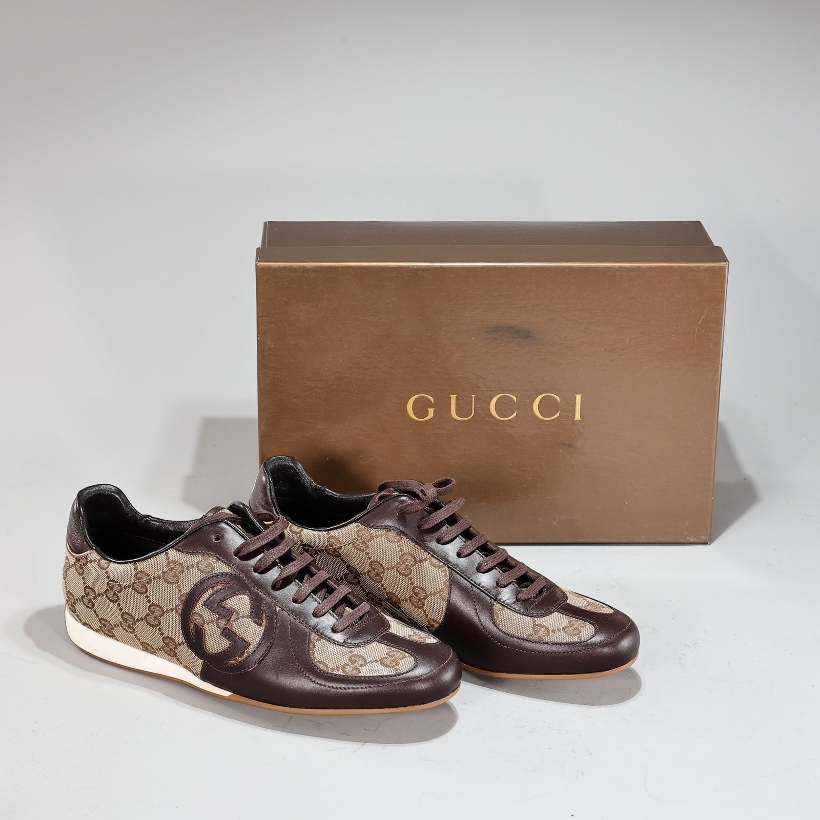 Gucci GG Canvas & Brown Leather Sneakers with Box Size 39: Gucci GG Canvas & Brown Leather Sneakers with Box Size 39 (Size 39) Condition: Brand new in box