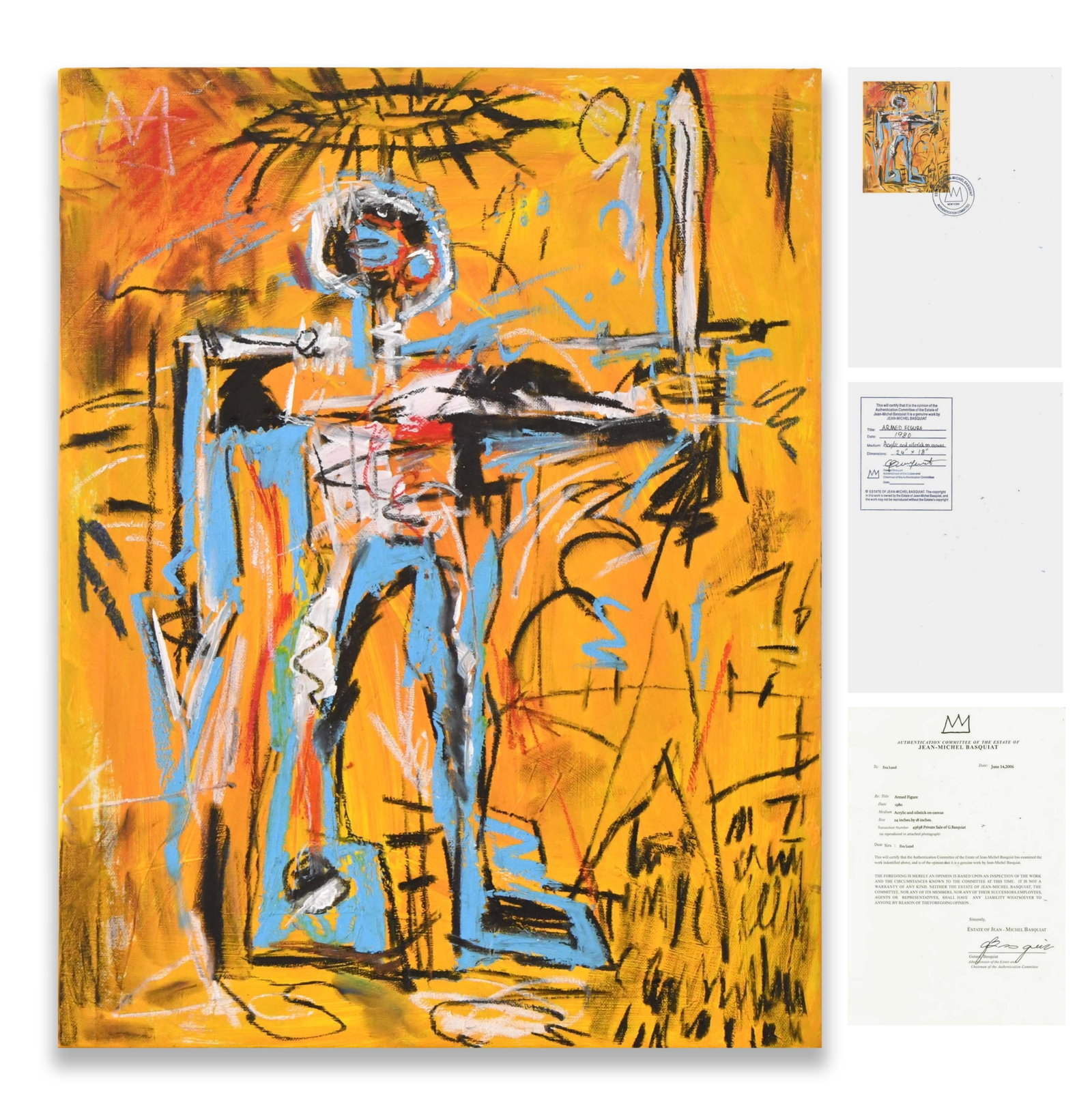 JEAN-MICHEL BASQUIAT (1960-1988), ATTRIBUTED TO, ACRYLIC AND CRAYON ON CANVAS: JEAN-MICHEL BASQUIAT (1960-1988), ATTRIBUTED TO, ACRYLIC AND CRAYON ON CANVAS JEAN-MICHEL BASQUIAT (1960-1988), ATTRIBUTED TO, ACRYLIC AND CRAYON ON CANVAS Dimensions: Image size: 60 x 45 cm. All meas
