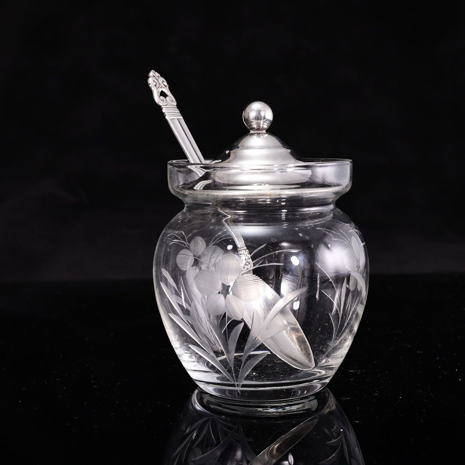 Sterling Silver Mounted Etched Crystal Jam Jar with Sterling Spoon. (1 of 7)