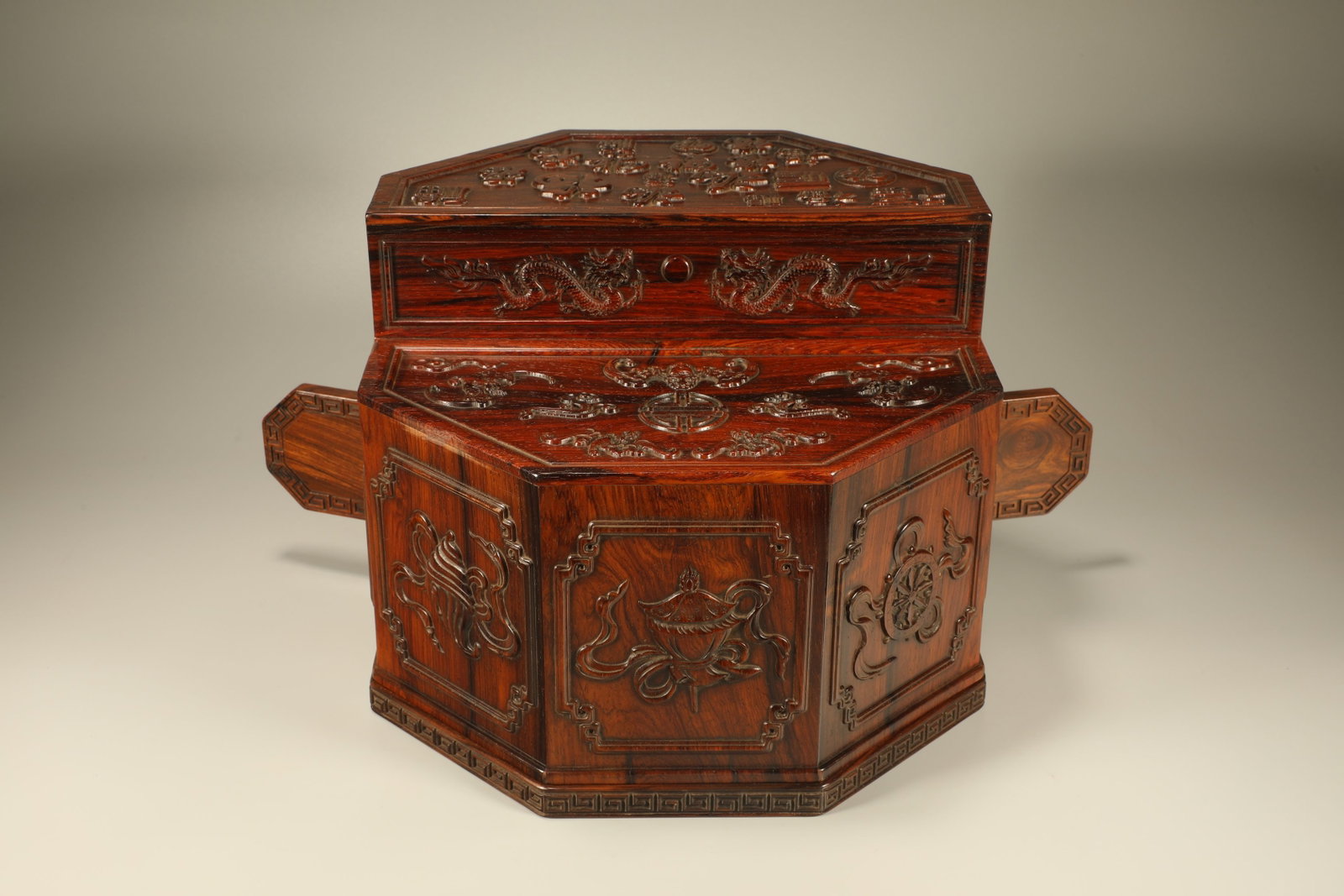 Huanghuali Wood Carved Eight Treasure and Bat Pattern Lid Box (1 of 7)