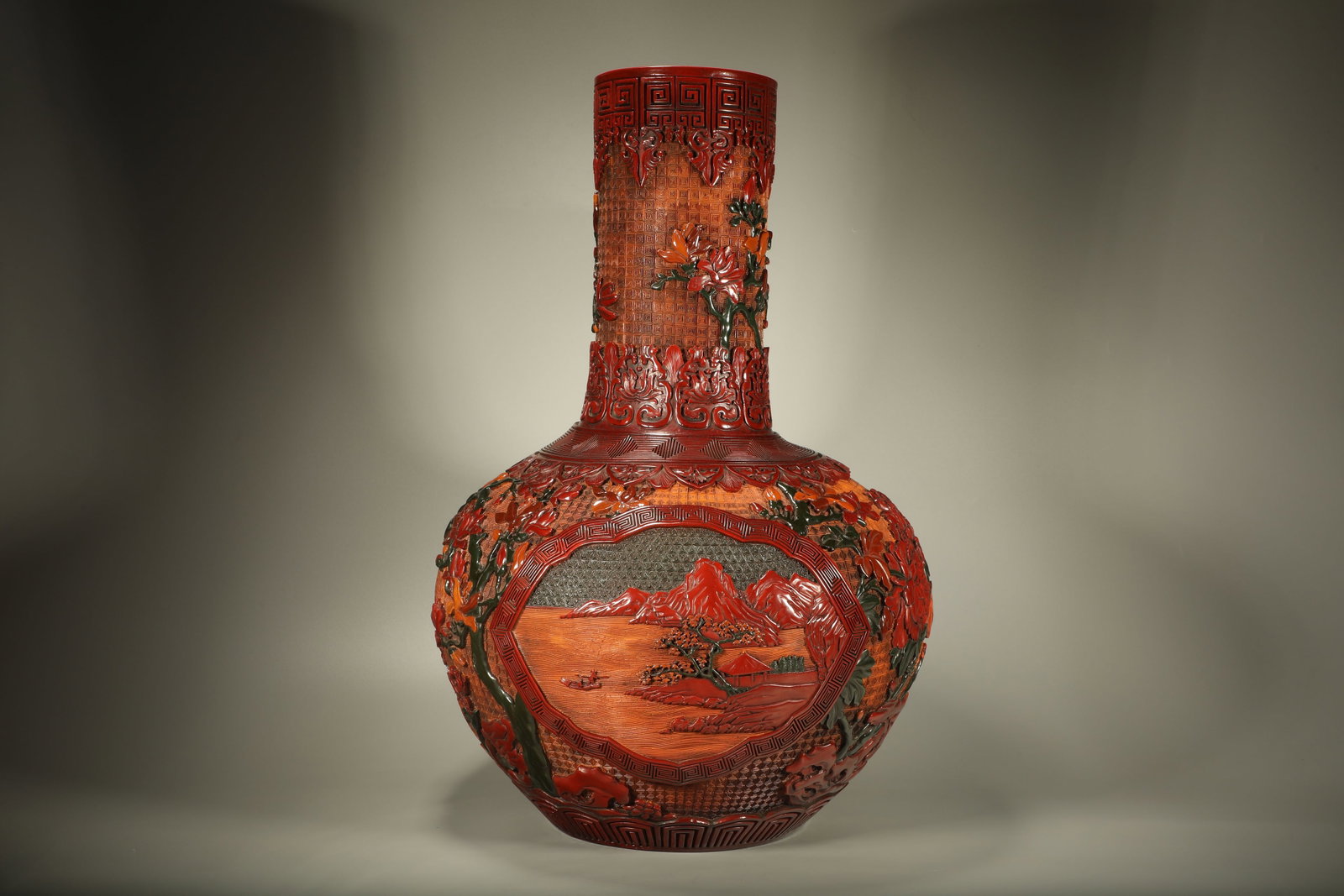 Lacquerware Red Carved Landscape and Flower Pattern Tianqiu Vase: Lacquerware Red Carved Landscape and Flower Pattern Tianqiu Vase (61 x 40cm)