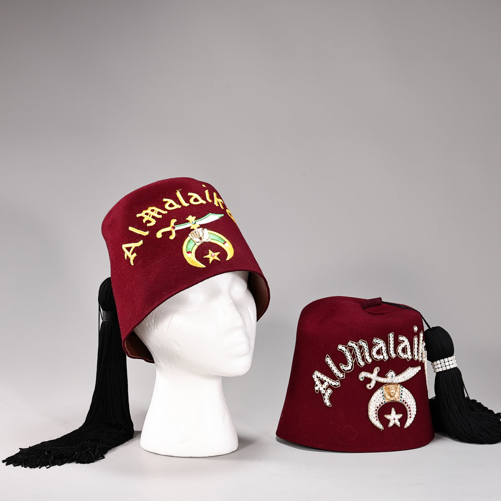 Two Al Malaikah Masonic Shriner Burgundy Wood Hats (1 of 9)