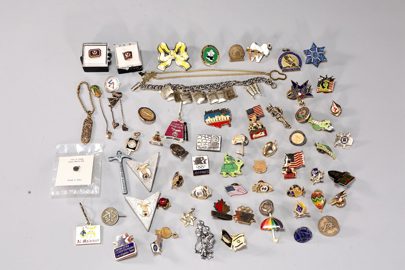 Group Of Mixed Commemorative Pins,Tie Tacks and Charms: Group Of Mixed Commemorative Pins,Tie Tacks and Charms (About Pin 3 x 3 x 0.5 more or less)