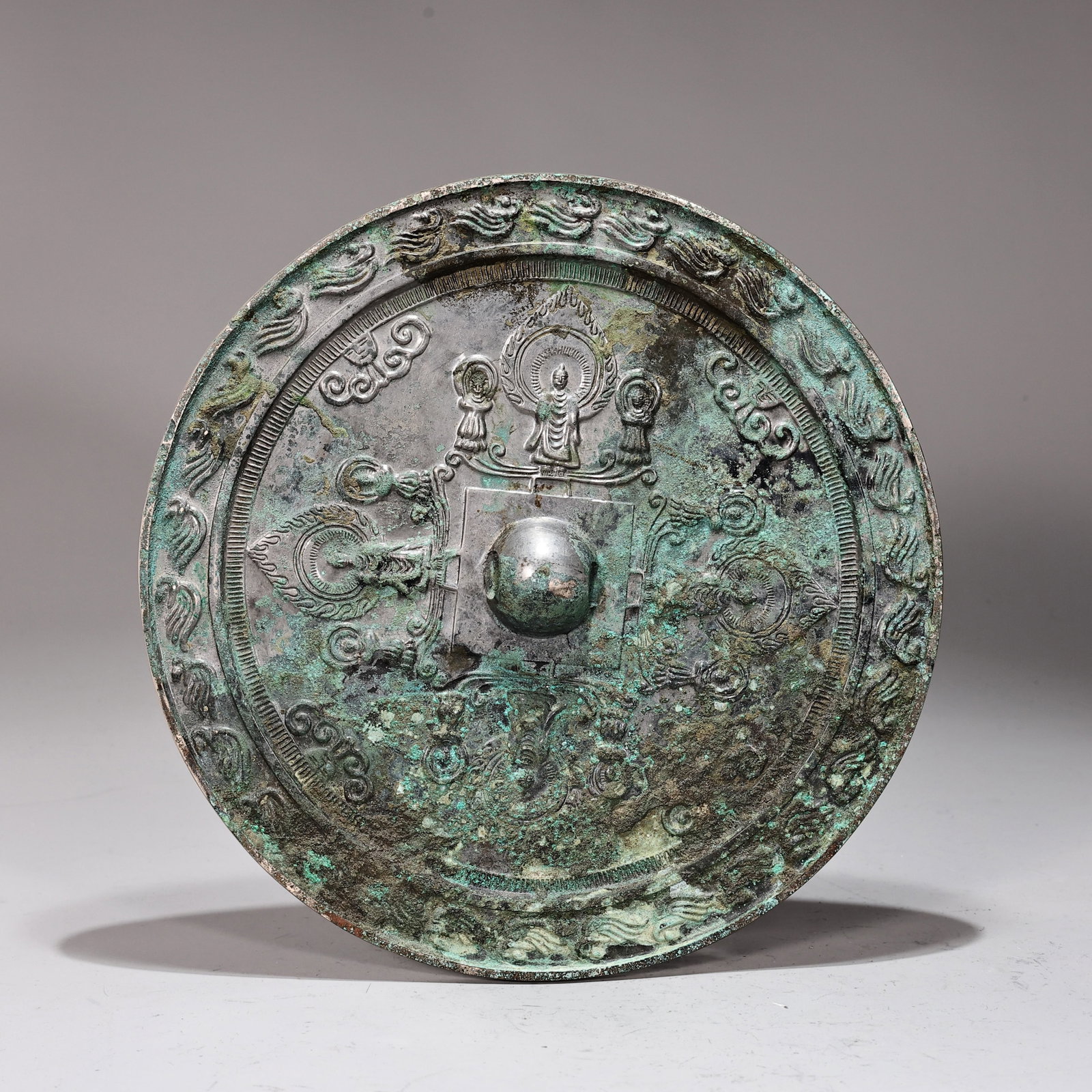 Chinese Bronze Buddha and Auspicious Motifs Mirror: Chinese Bronze Buddha and Auspicious Motifs Mirror (24 x 0.5 cm)