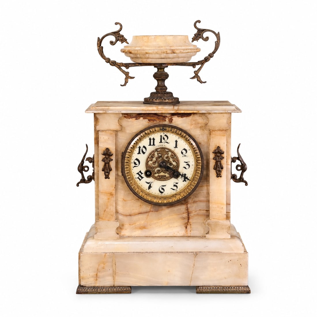 French Onyx Gilt Metal Mantel Marble Clock with Ornate Urn: French Onyx Gilt Metal Mantel Marble Clock with Ornate Urn (37 x 22 x 12 cm) Description: Antique French Style Onyx Mantel Clock with Ornate Bronze Mounts and Upper Urn. Architectural onyx case with n