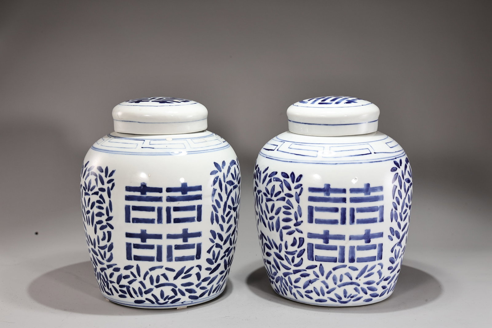 Pair Chinese Blue & White Porcelain Double Happiness Ginger Jars with Covers (1 of 7)