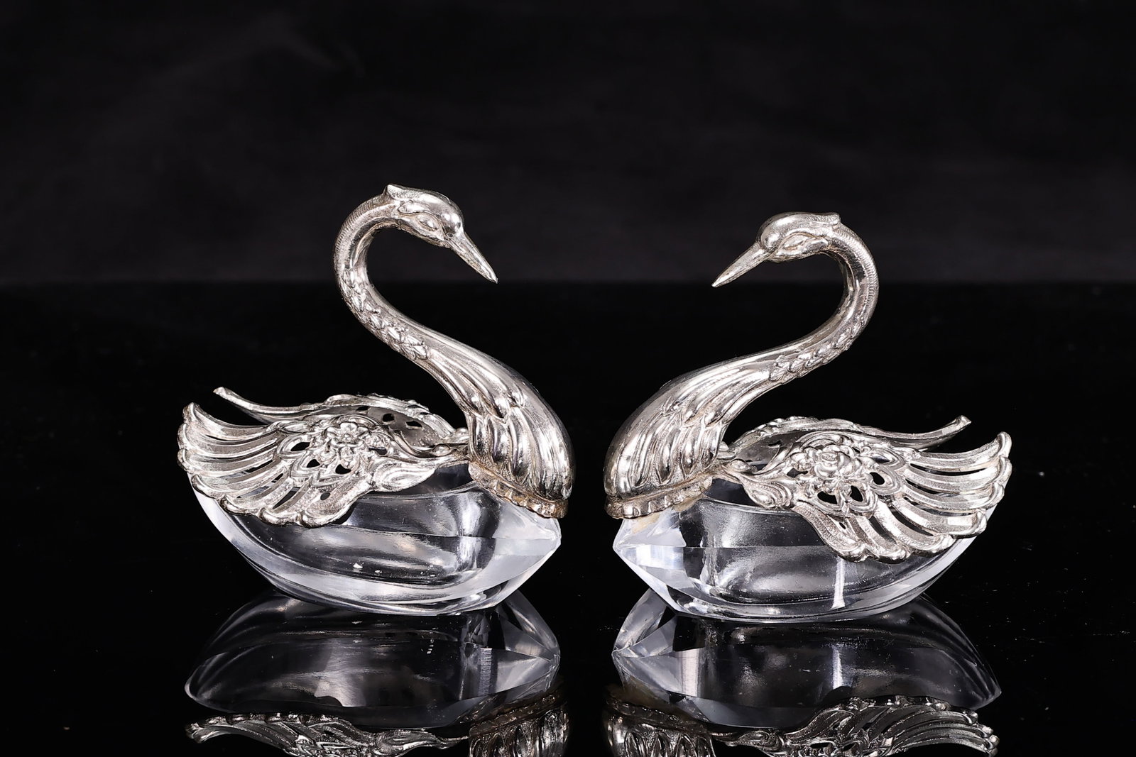 Pair Crystal Swan Open Salts with Silver-Plated Figural Mounts (1 of 7)