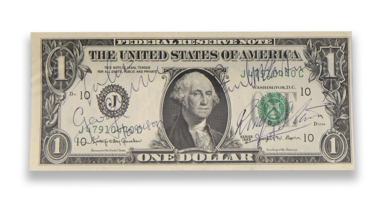 THE BEATLES, FOUR-MEMBER SIGNED UNITED STATES ONE DOLLAR NOTE (1 of 2)