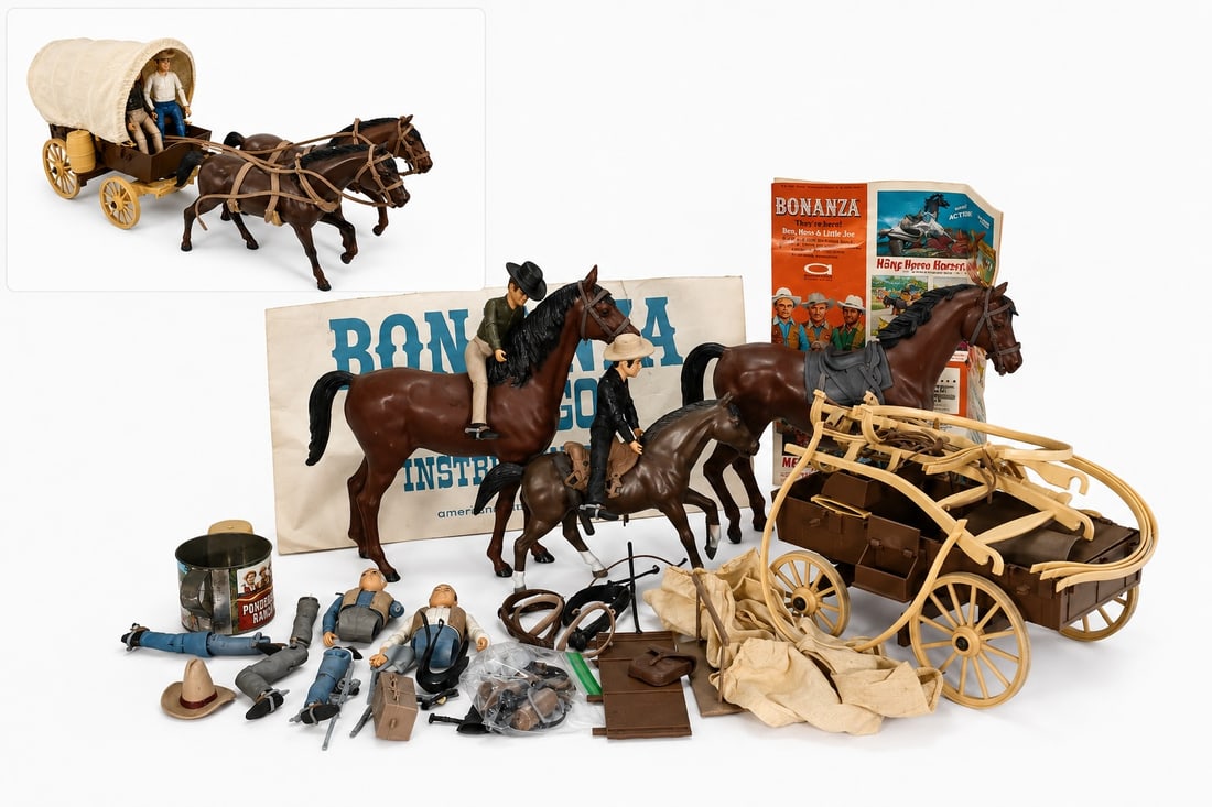 1966 American Character Bonanza 4-in-1 Wagon: 1966 American Character Bonanza 4-in-1 Wagon (Horse: 31 x 31 x 8 cm, Figure: 19 x 7 x 4 cm) This Bonanza 1966 4-In-1 Wagon inspired by the hit TV series includes poster-sized instruction pamphlet to c