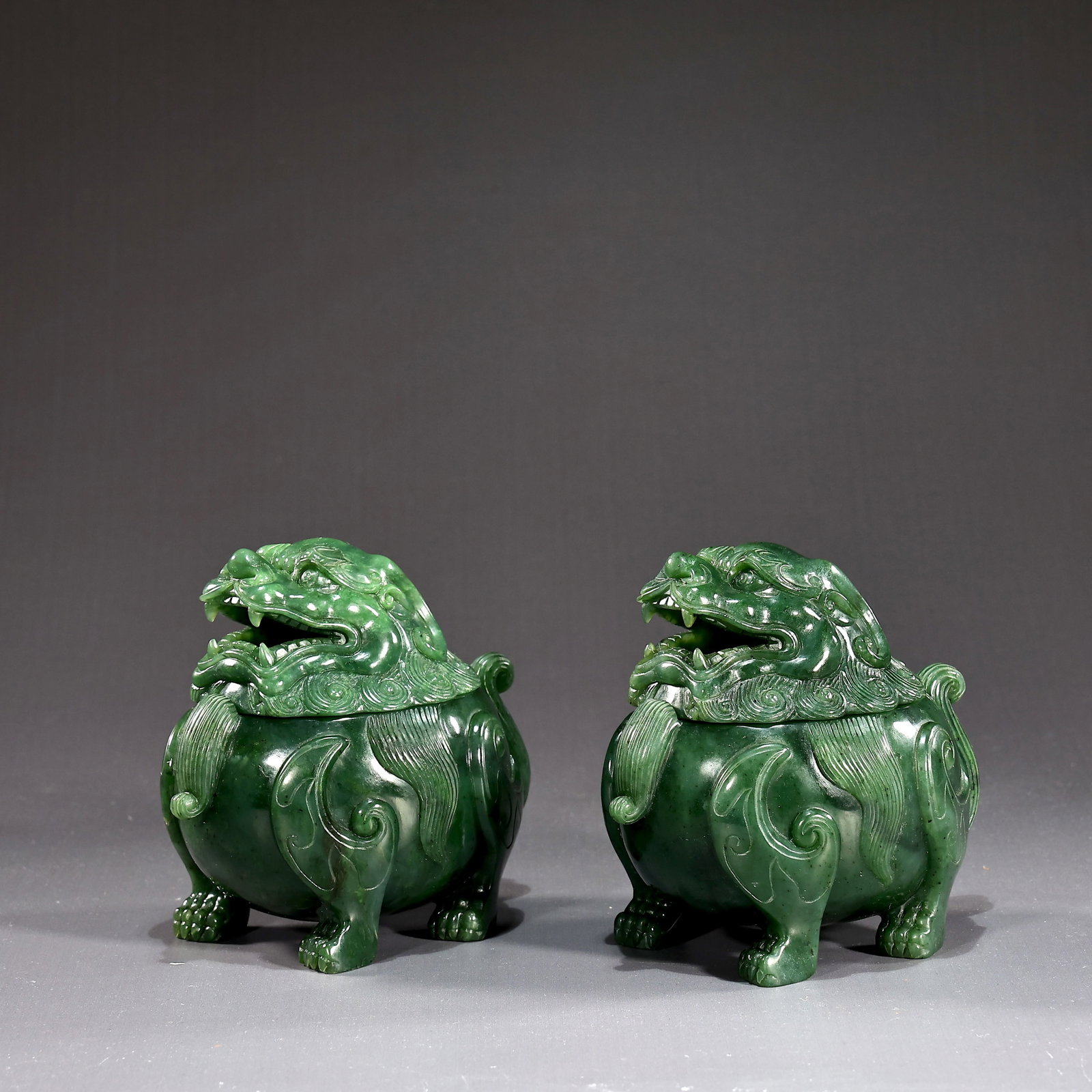 Pair Of Chinese Spinach Green Jade Carved Beast Incense Burners (1 of 8)