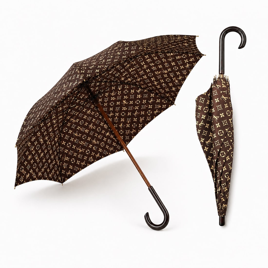 Louis Vuitton Monogram Brown Cotton Wood Handle Umbrella: Louis Vuitton Monogram Brown Cotton Wood Handle Umbrella (75 x 10.5 cm)