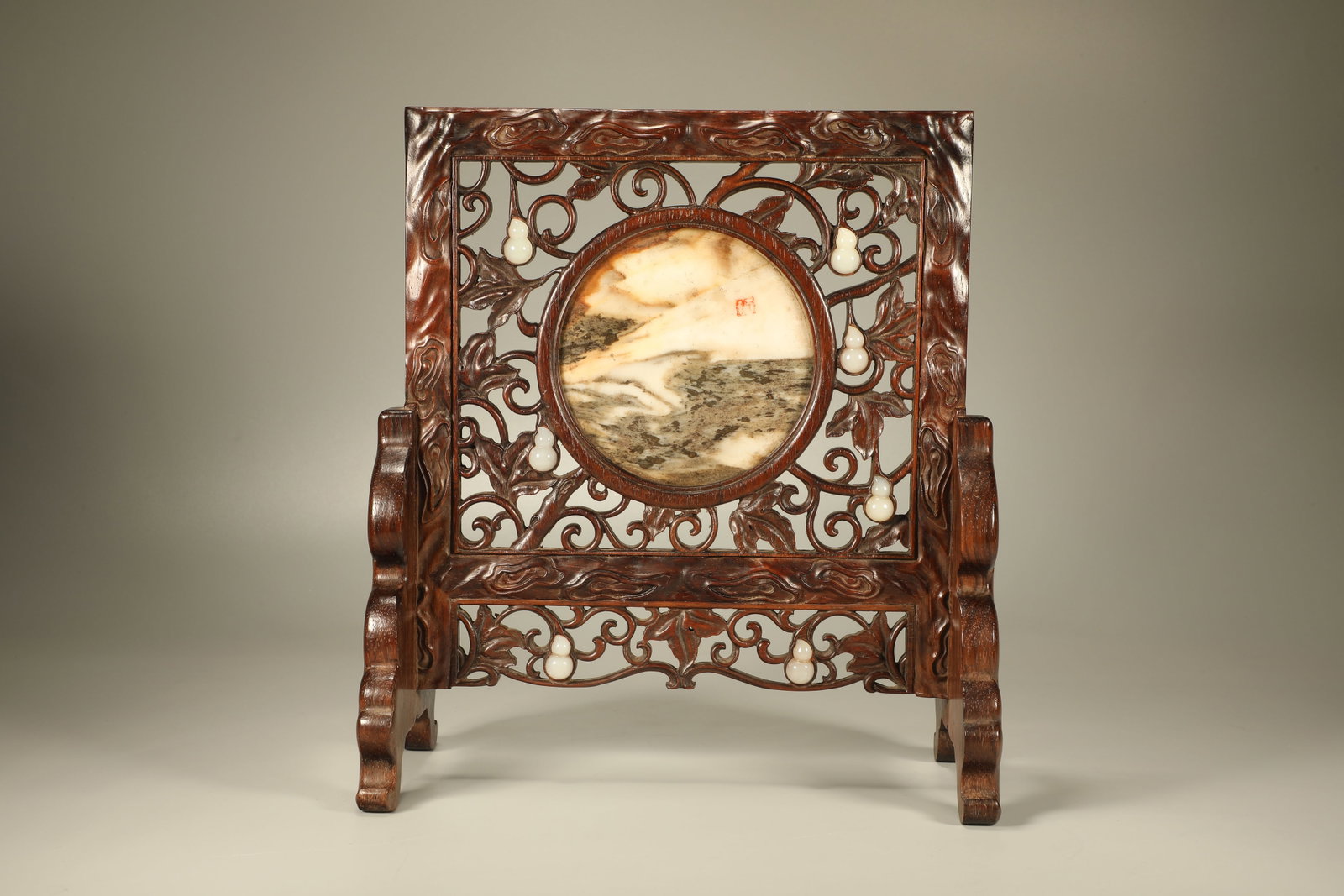 Huanghuali Wood Inlaid Jade and Marble Carved Gourd Pattern Table Plaque: Huanghuali Wood Inlaid Jade and Marble Carved Gourd Pattern Table Plaque (30 x 27 x 13cm)