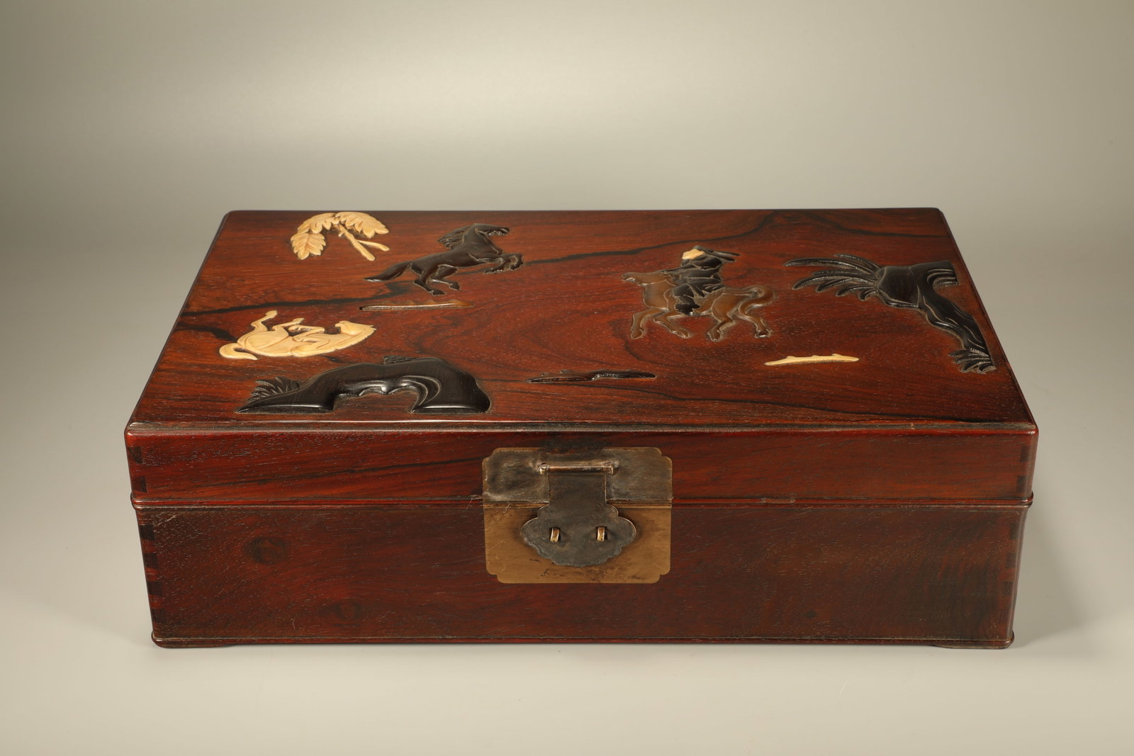 Huanghuali Wood Inlaid Red Sandalwood Carved Horse and Character Story Pattern Lid Box (1 of 7)