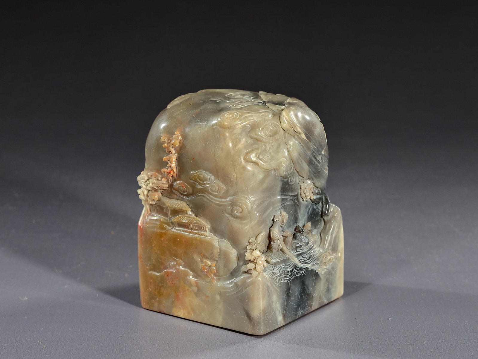Chinese Shoushan Stone Carved Landscape Seal: Chinese Shoushan Stone Carved Landscape Seal (10 x 7 x 7 cm)