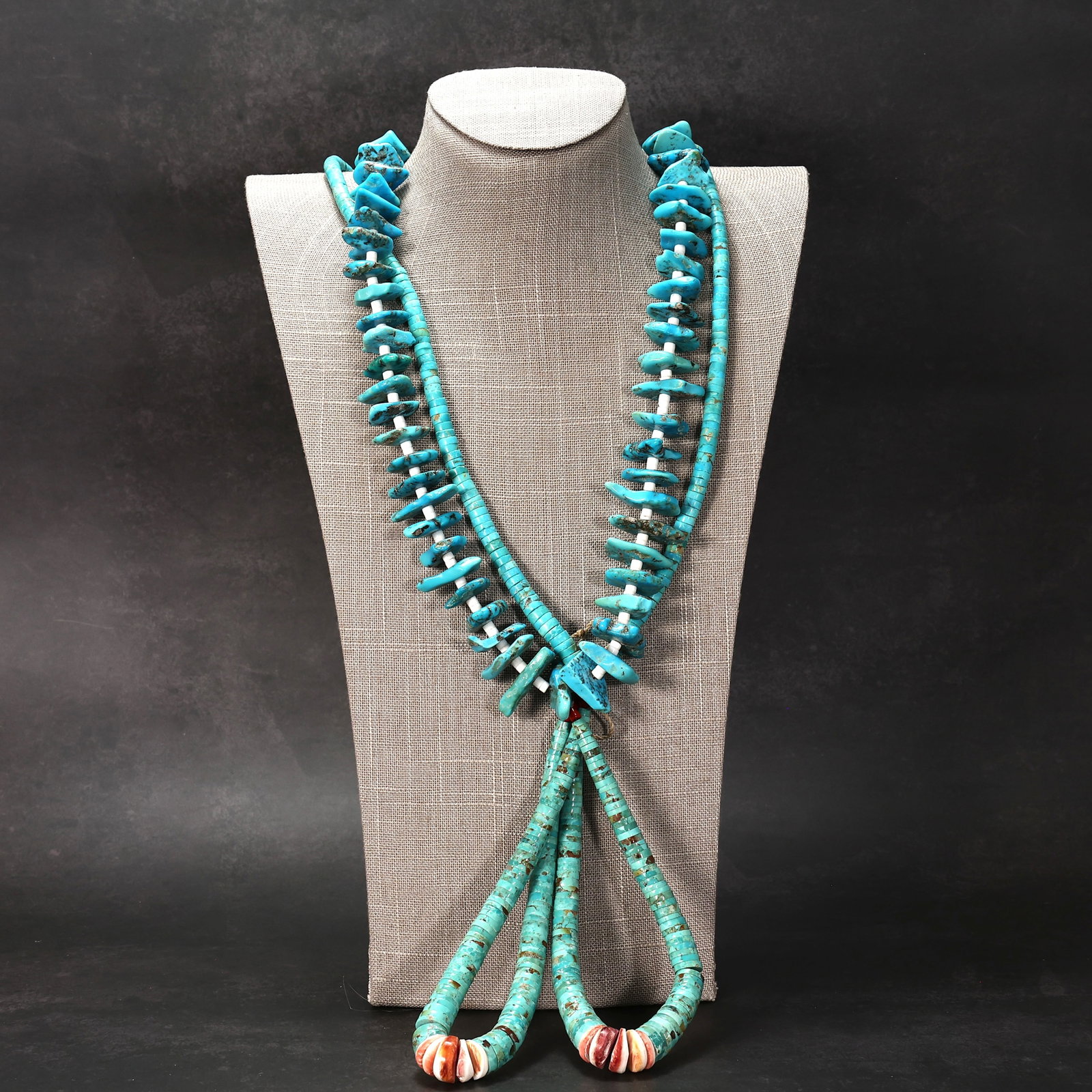Santo Domingo Pueblo Multi-stand Natural Turquoise, Coral, Shell Necklace: Santo Domingo Pueblo Multi-stand Natural Turquoise, Coral, Shell Necklace (Length 54 cm, Nugget: 2 x 2 cm, Pillow: 1 cm, Jacla: 14 x 1.2 cm)