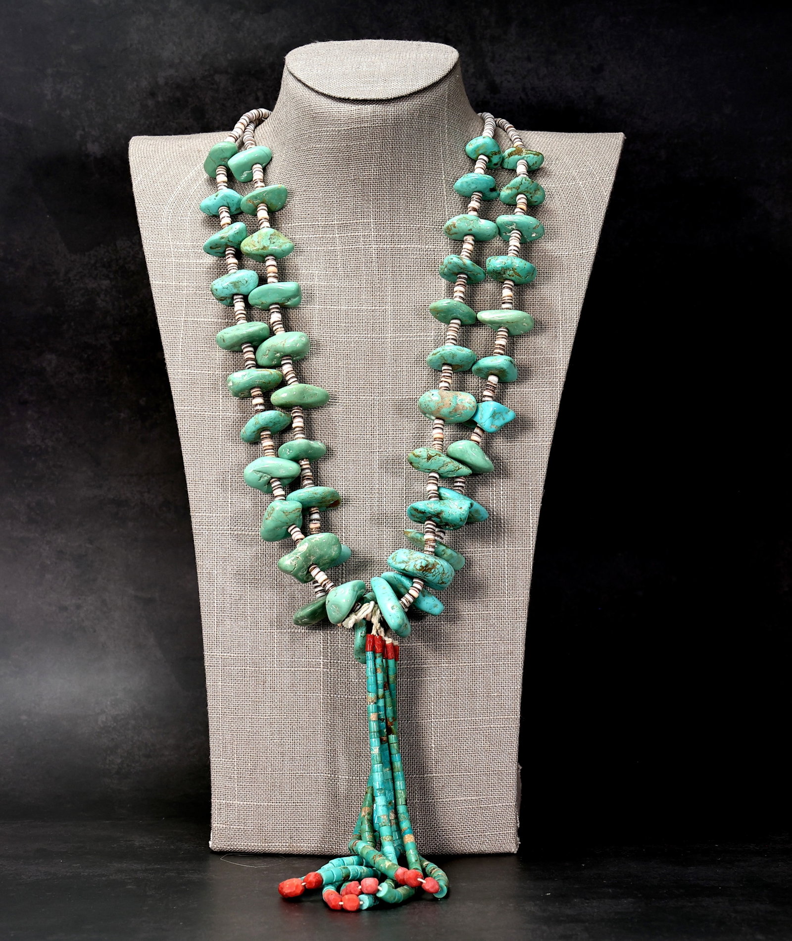 Santo Domingo Pueblo Natural Turquoise Nuggets, Coral Necklace (1 of 8)
