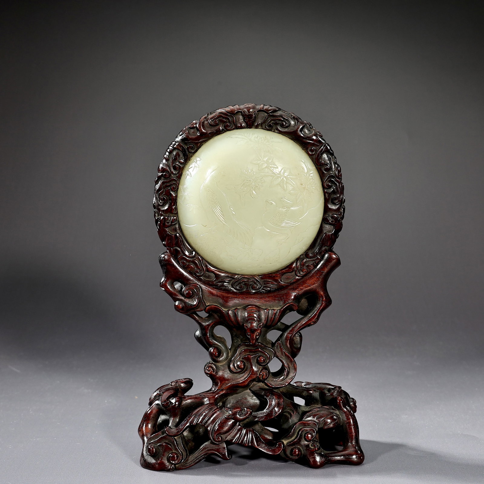 Chinese White Round Jade Table Screen: Chinese White Round Jade Table Screen (18 x 11 x 5 with stand, Jade screen: 10 x 2 cm)