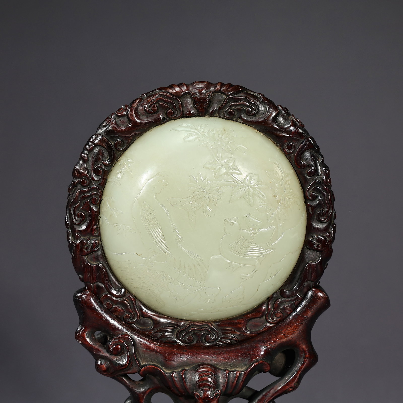 Chinese White Round Jade Table Screen - 2
