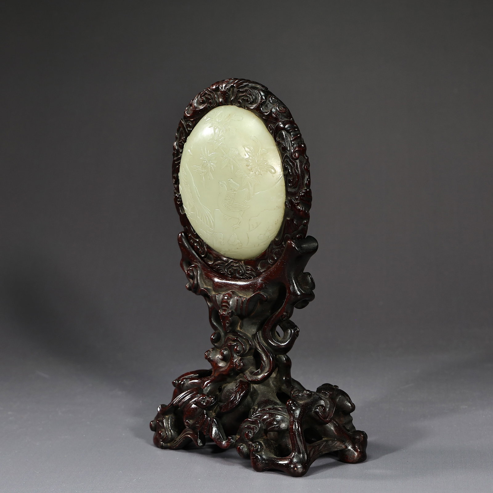 Chinese White Round Jade Table Screen - 3