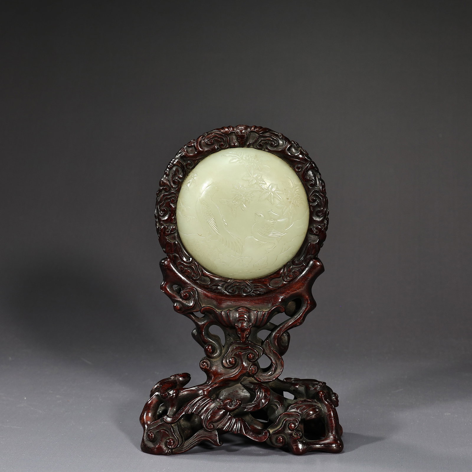 Chinese White Round Jade Table Screen - 5