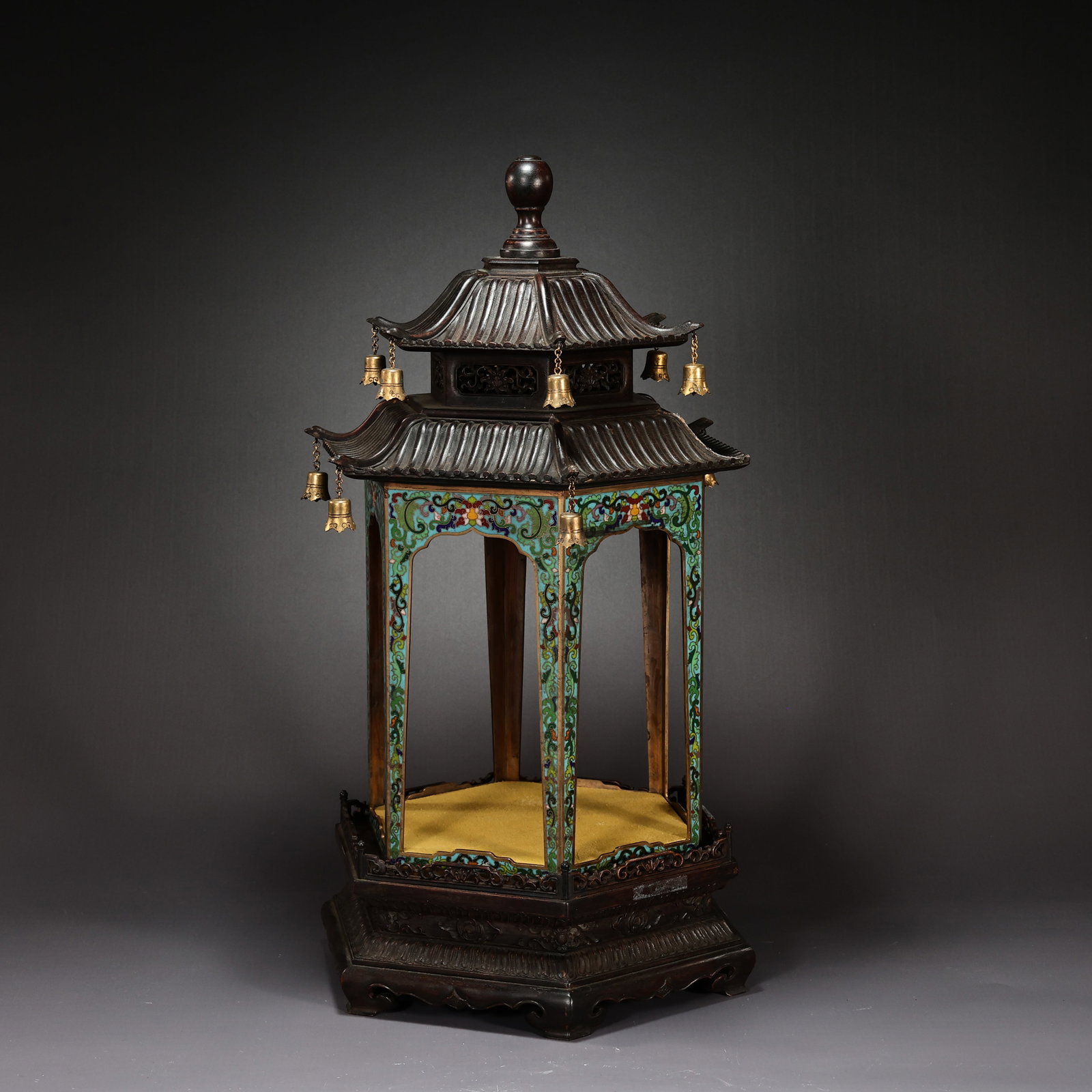 Imperial Rosewood Lanterns Cloisonne Enamel Pagoda: Imperial Rosewood Lanterns Cloisonne Enamel Pagoda (61 x 31 cm including stand) Conditions: The two broken and damaged bells, including those with missing pieces, can be restored through specialized