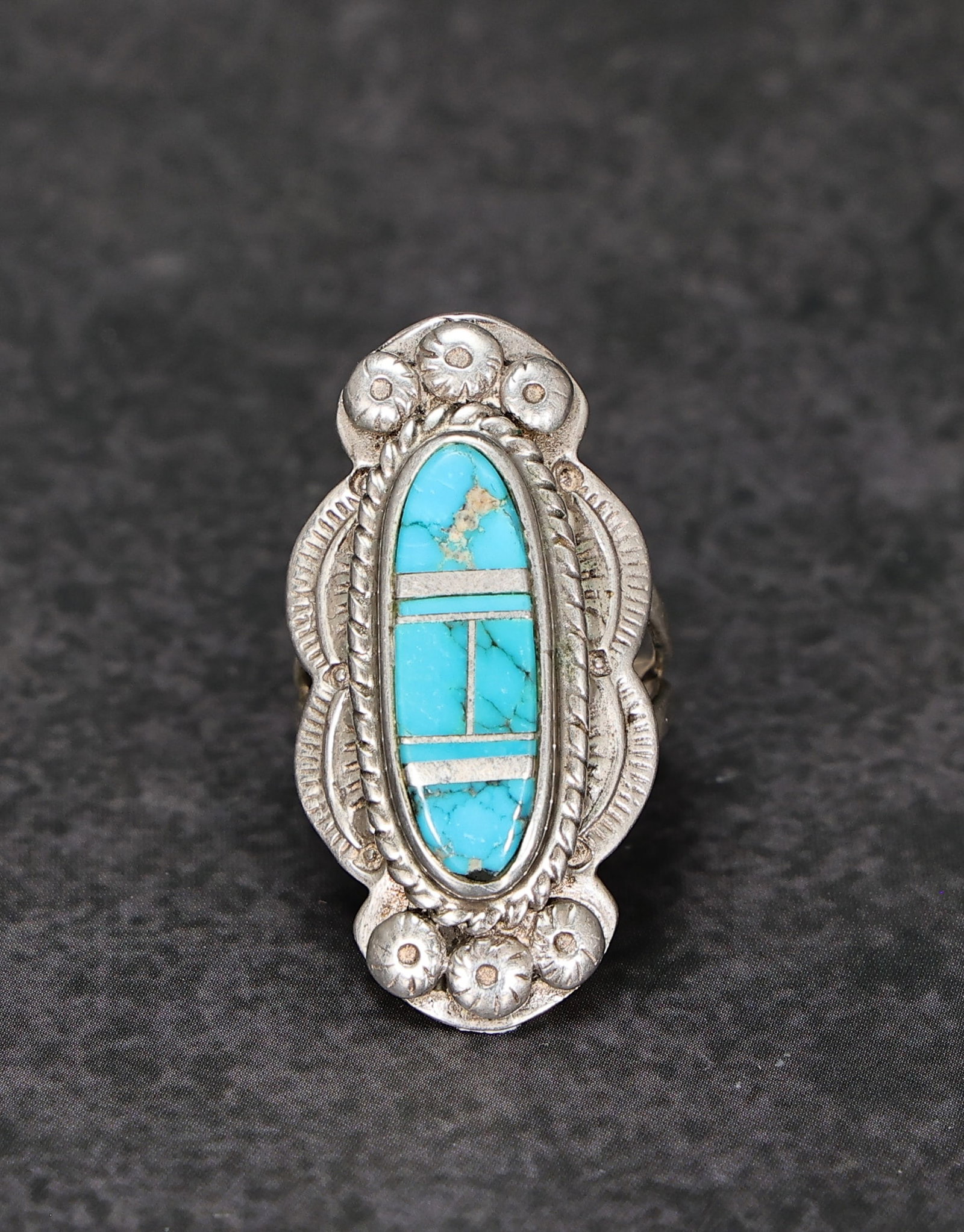 Navajo Sterling Silver Turquoise Inlay Ring Size 6 (1 of 6)