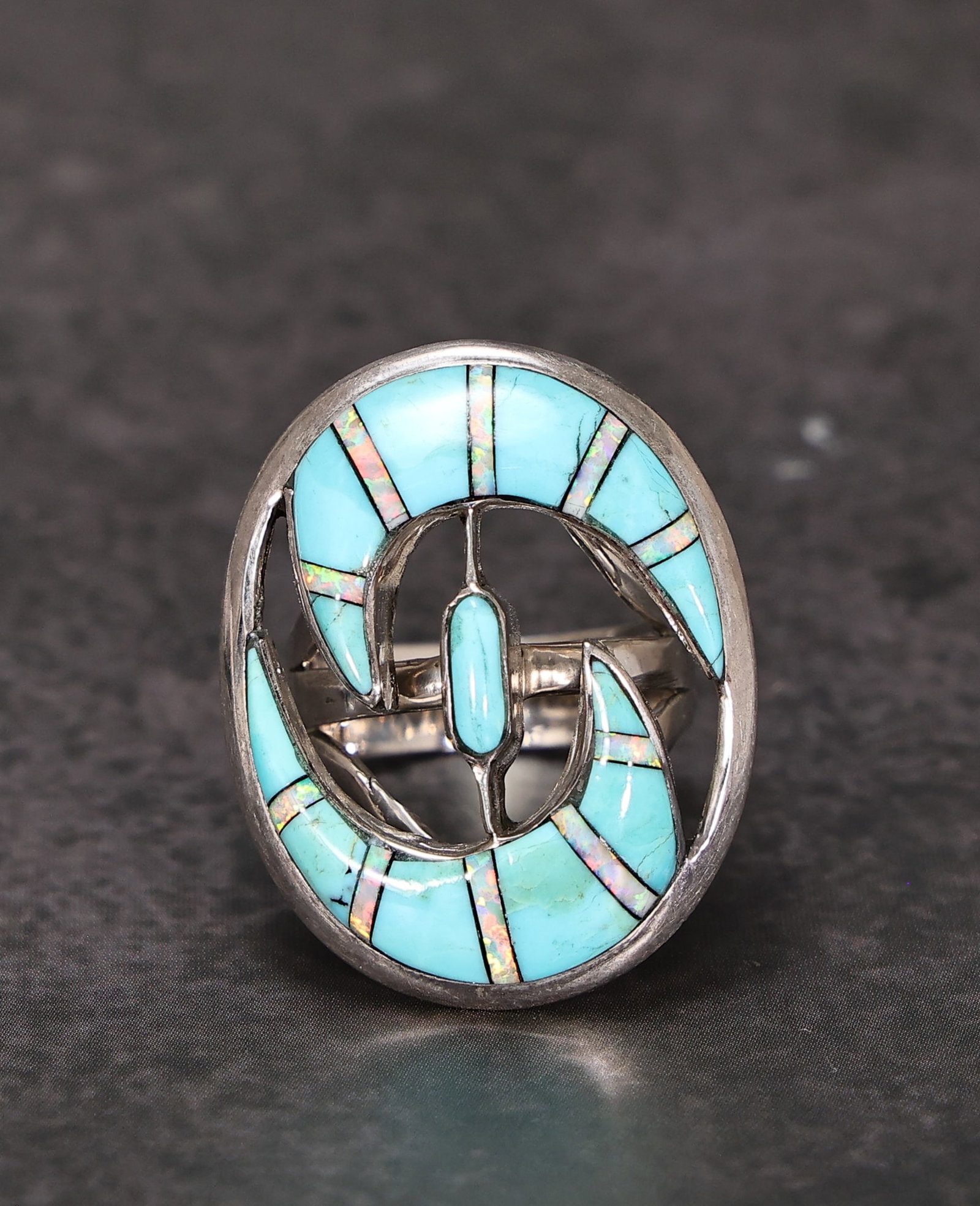 Native American Zuni Sterling Silver Turquoise Fire Opal Inlay Ring Size 5.5: Native American Zuni Sterling Silver Turquoise Fire Opal Inlay Ring Size 5.5 (Size 5.5, Weight: 10 grams)