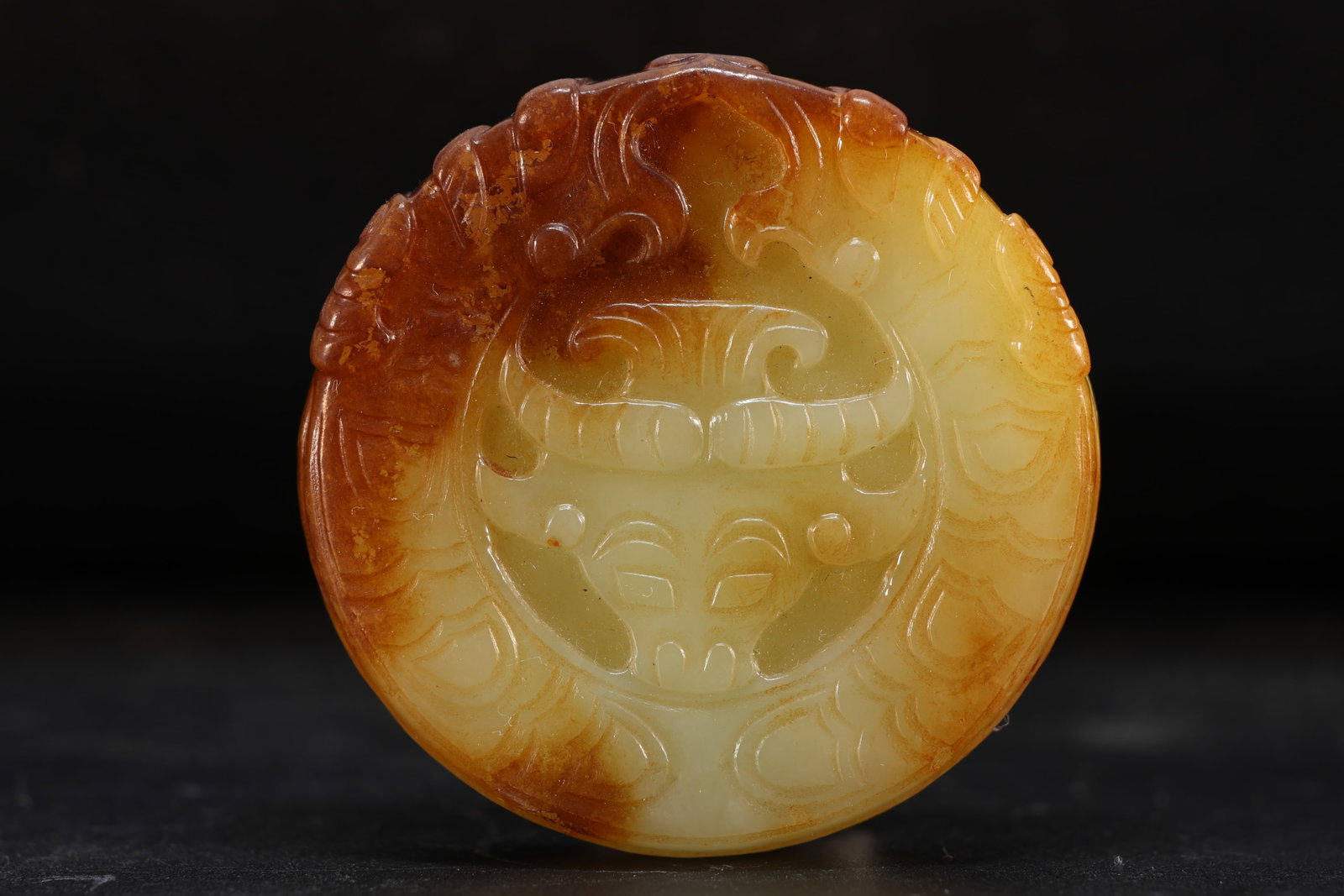 Jade Carved Beast Face and Ox Pattern Bi: Jade Carved Beast Face and Ox Pattern Bi (5.2 x 1.3cm)