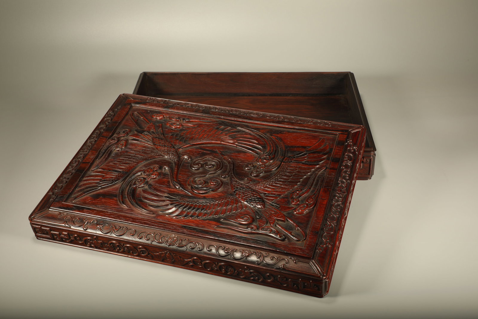 Huanghuali Wood Carved Flower and Phoenix Pattern Lid Box: Huanghuali Wood Carved Flower and Phoenix Pattern Lid Box (38 x 28 x 9cm)