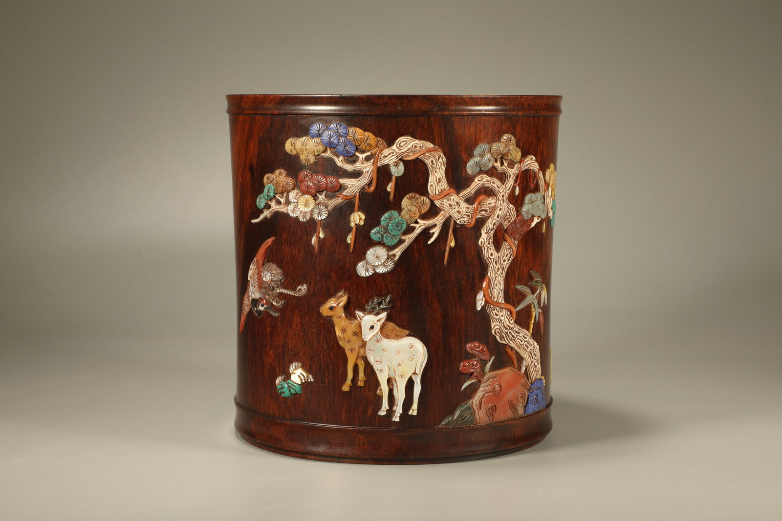 Huanghuali Wood Inlaid Multi GemStone Carved Deer and Crane Pattern Brush Pot: Huanghuali Wood Inlaid Multi GemStone Carved Deer and Crane Pattern Brush Pot (18.5 x 18.5cm)