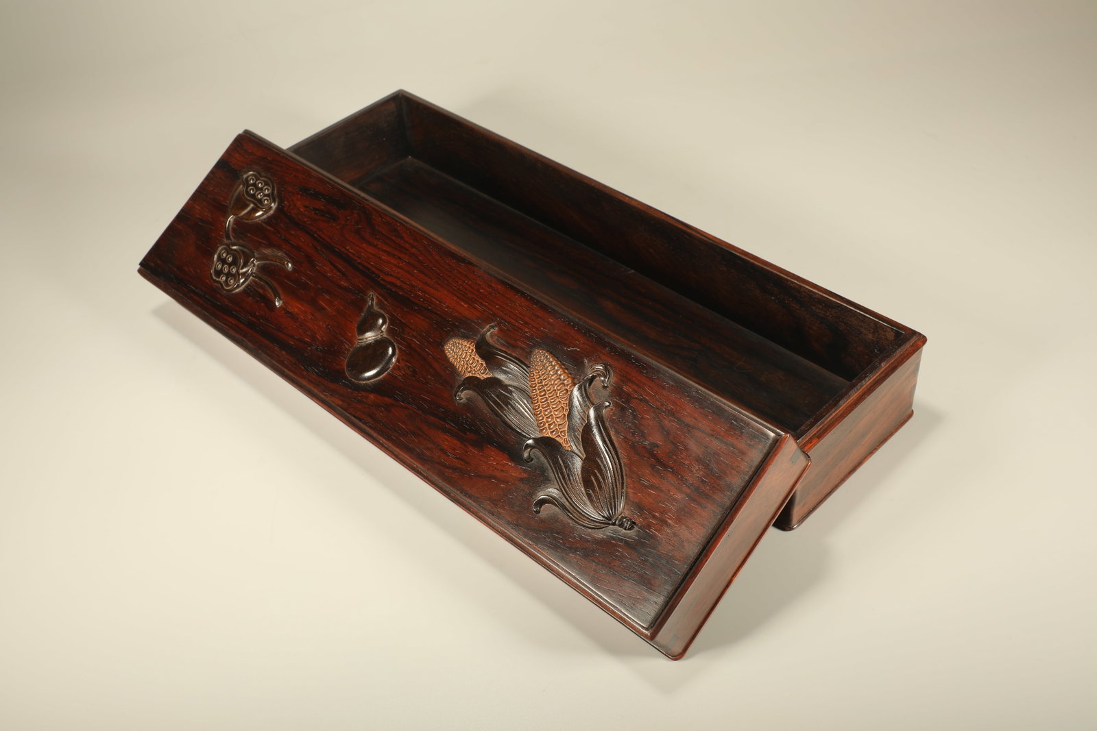 Huanghuali Wood Carved Gourd and Corn Pattern Lid Box: Huanghuali Wood Carved Gourd and Corn Pattern Lid Box (36 x 10 x 8.5cm)