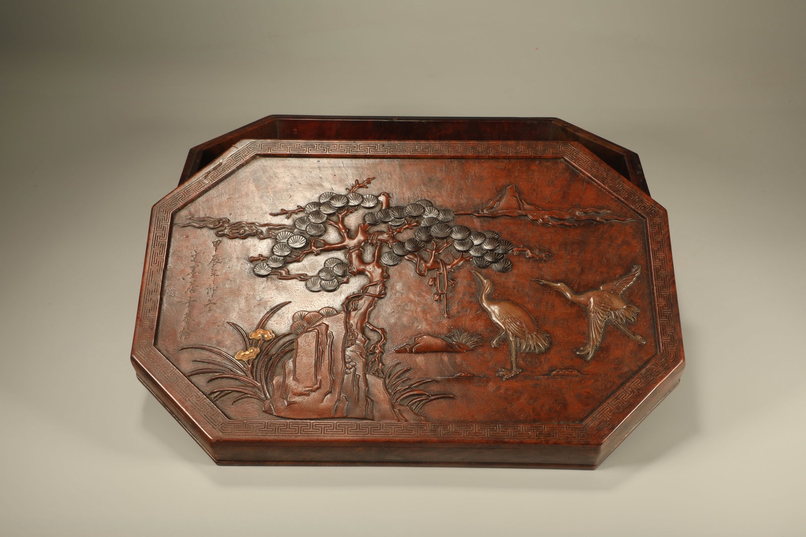 Huanghuali Wood Carved Pine Tree and Crane Pattern Lid Box: Huanghuali Wood Carved Pine Tree and Crane Pattern Lid Box (34 x 22 x 10.5cm)