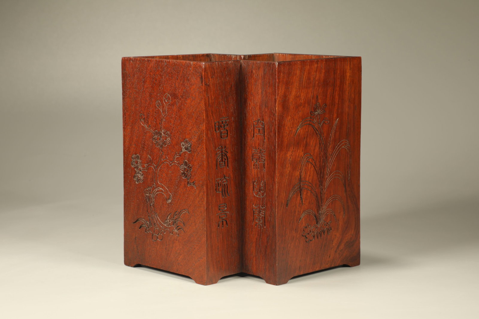 Huanghuali Wood Carved Plum Flower and Orchid & Bamboo & Chrysanthemum Pattern Brush Pot: Huanghuali Wood Carved Plum Flower and Orchid & Bamboo & Chrysanthemum Pattern Brush Pot (16 x 12 x 14.5cm)