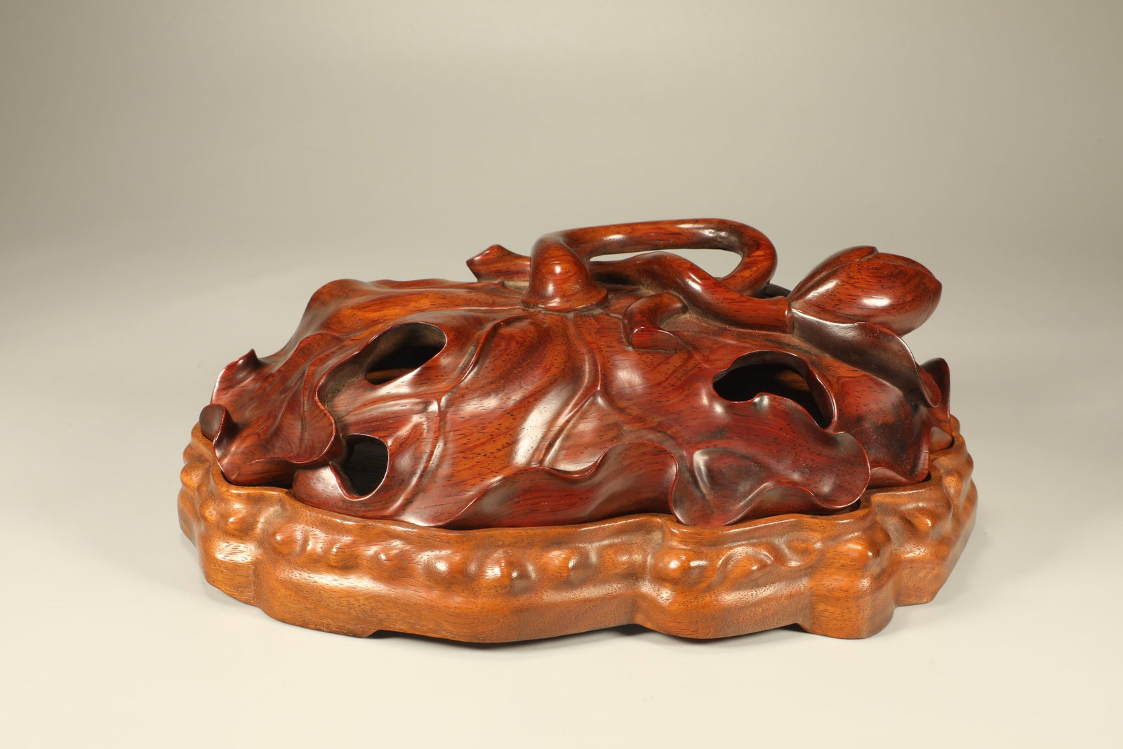Huanghuali Wood Carved Lotus Flower Shape Incense Burner: Huanghuali Wood Carved Lotus Flower Shape Incense Burner (25 x 18 x 9cm)